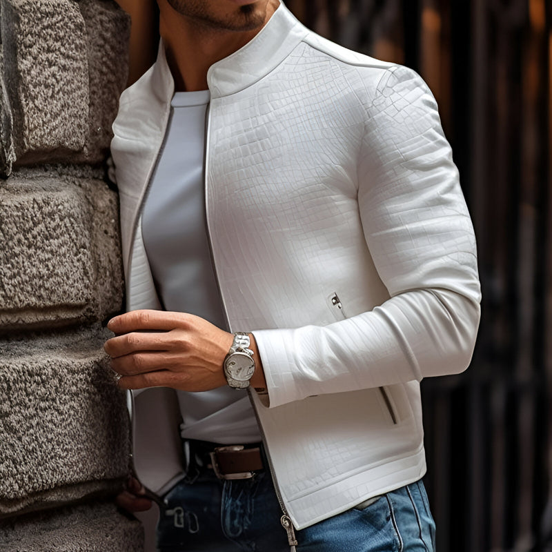 Herren Slim Fit Lederjacke mit Stehkragen - Strukturprägung