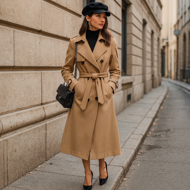 Damen Eleganter Langer Trenchcoat - Klassisch Doppelreihig