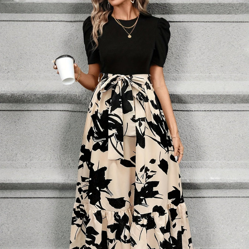 Damen Abendkleid Lang Elegant Blumenmuster Puffärmel - Maxi