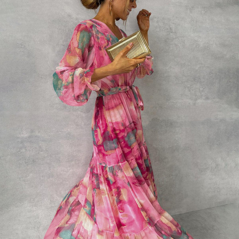 Damen Boho Abendkleid Lang - Sommer Blumenmuster Maxi