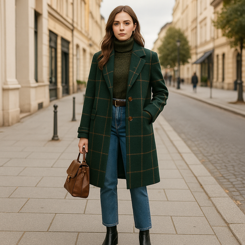 Damen Eleganter Ledermantel - Kariert Wintermantel