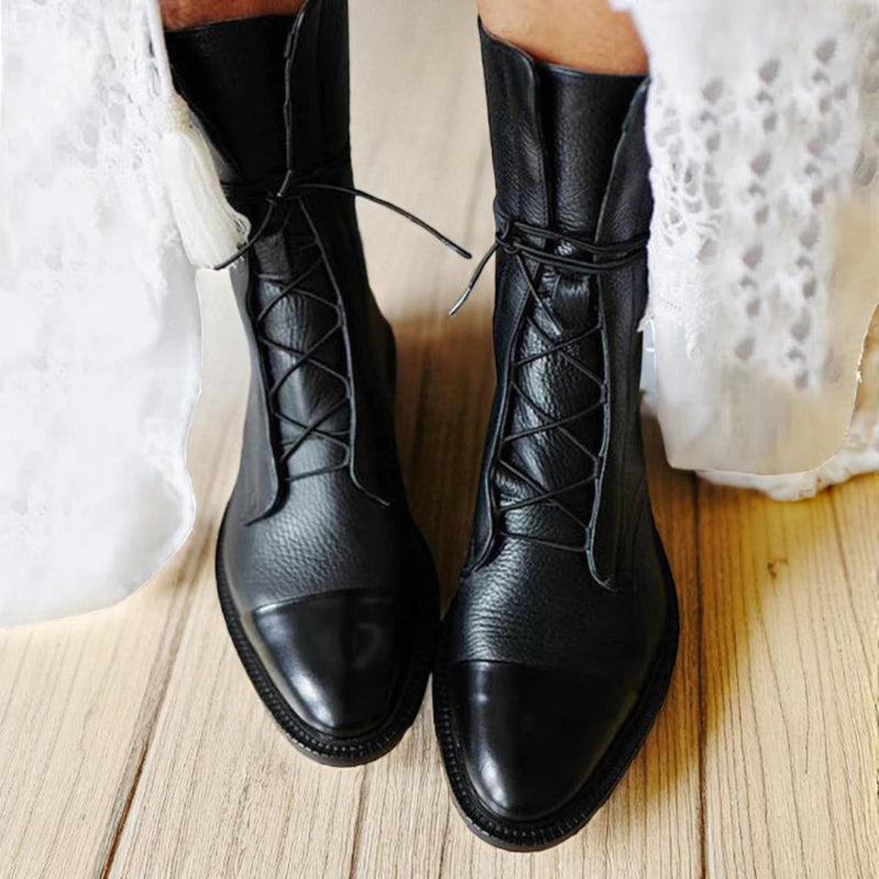 Damen Leder Schnürstiefel Wadenhoch - Combat Flach