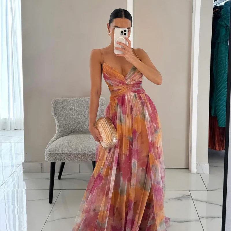 Damen Sommer Abendkleid Lang Watercolor - Chiffon Maxi