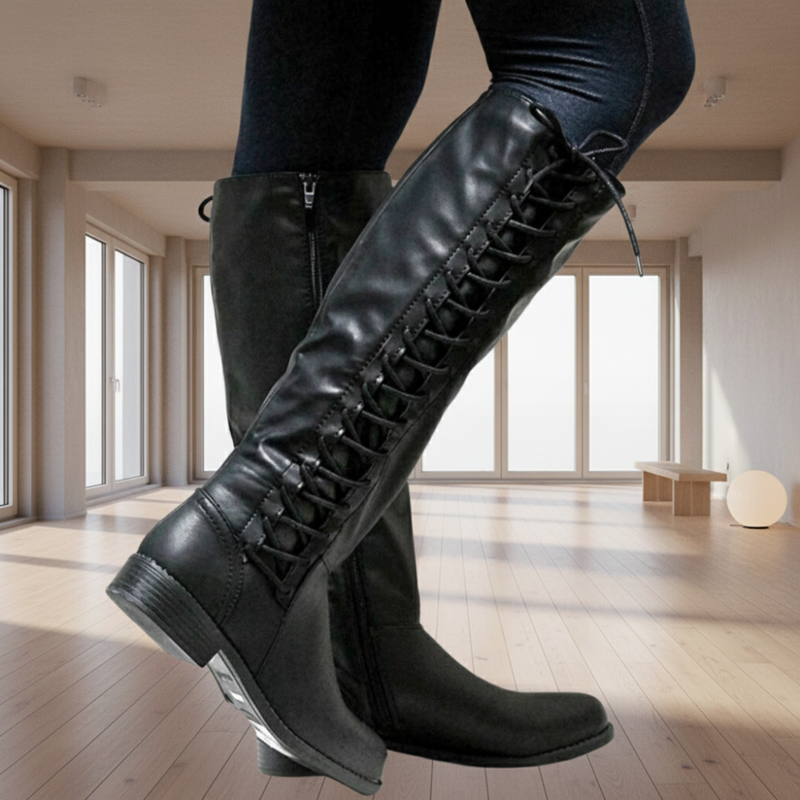 Damen Winter Schnürstiefel Kniehoch - Combat Flach