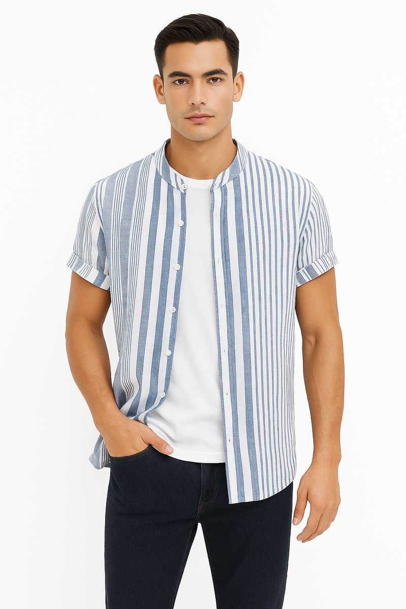 Sommer-Herrenhemd mit Streifen und Stehkragen – Valtino