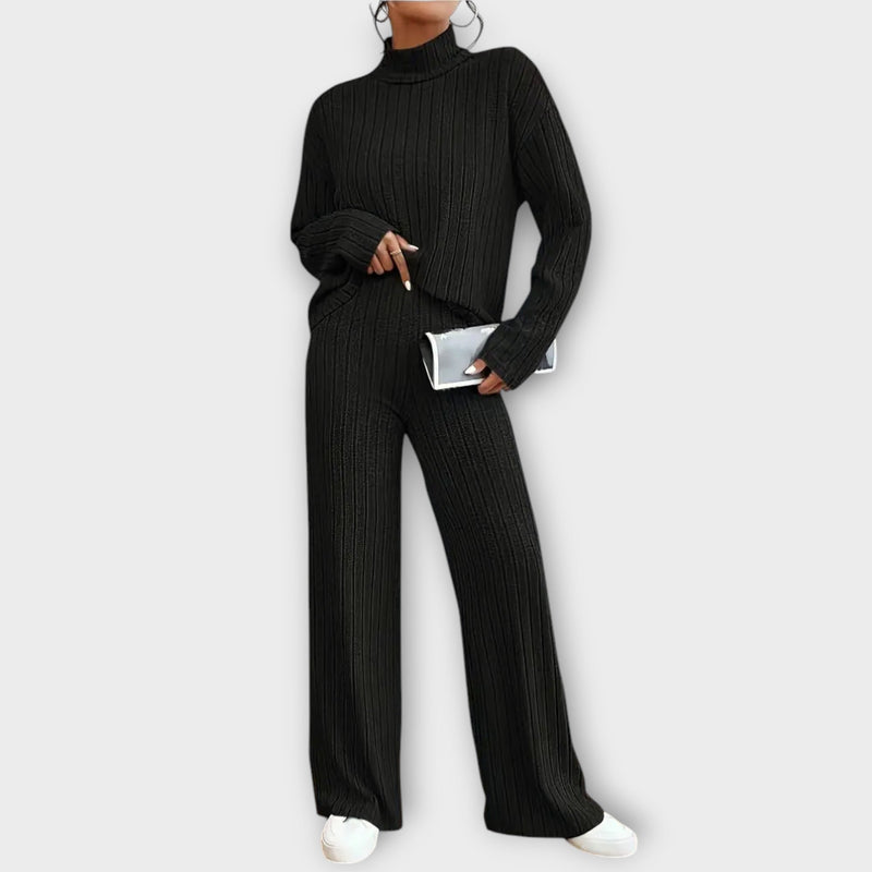 Geripptes Damen Set mit Mock-Neck und Weite Hose – Marlene