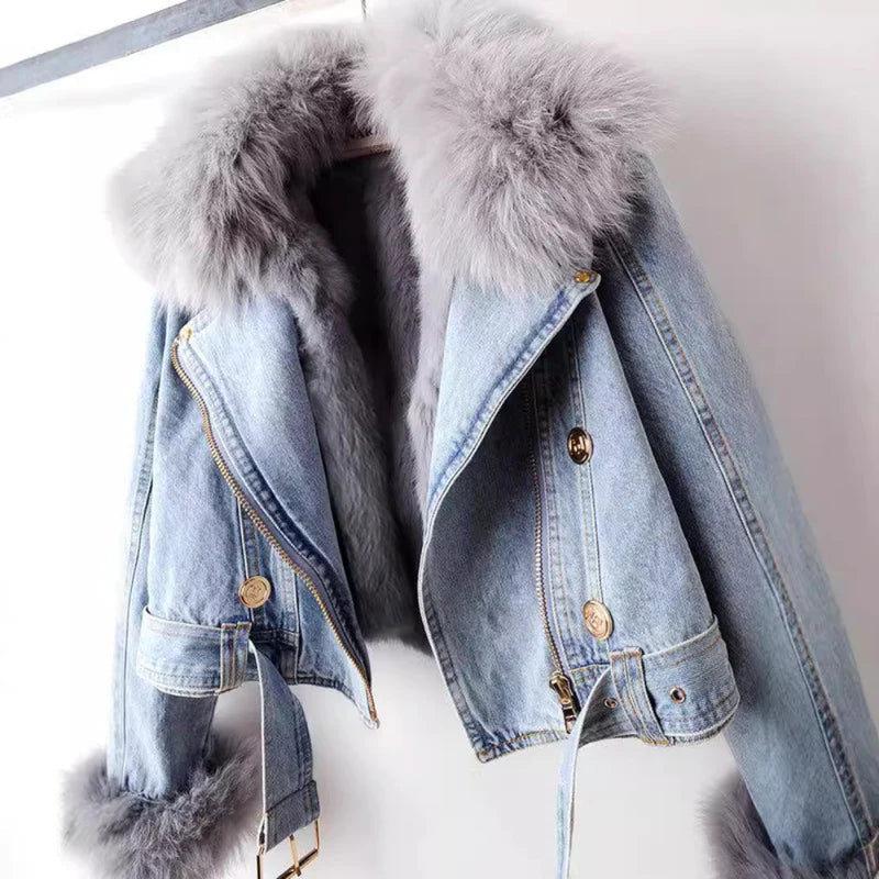 Damen Winter Jeansjacke Kunstpelzmantel – Kurz Warm Gefüttert