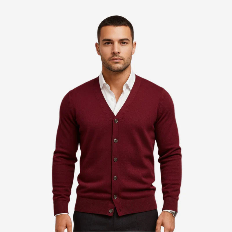 Herren Feinstrick Strickjacke V-Ausschnitt – Slim Fit Knopfleiste