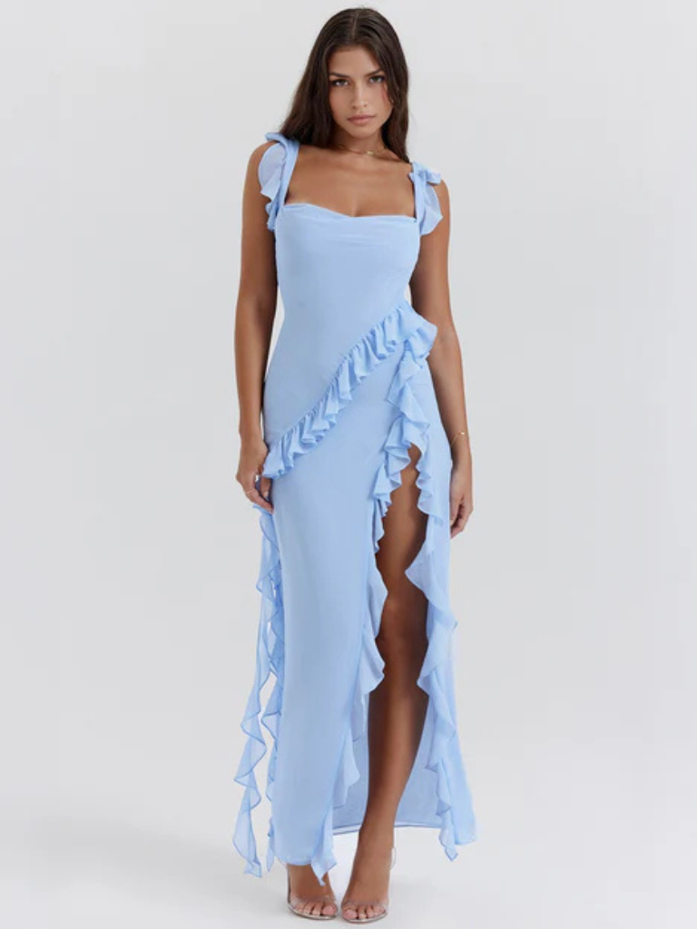 Rüschen Maxikleid mit Beinschlitz Damen – Elina