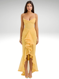 Rüschen Maxikleid mit Spitze und Schlitz – Elara