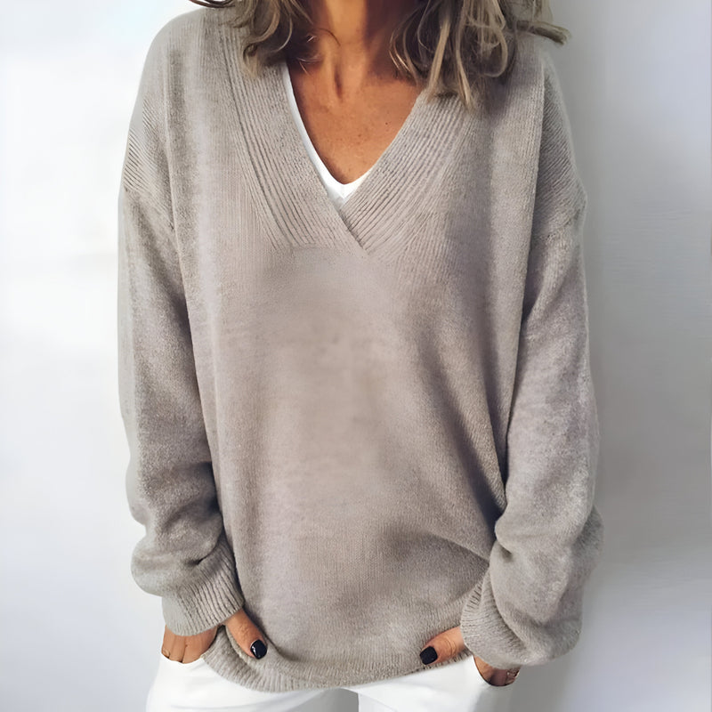 Damen Oversize Strickpullover - Lang V-Ausschnitt
