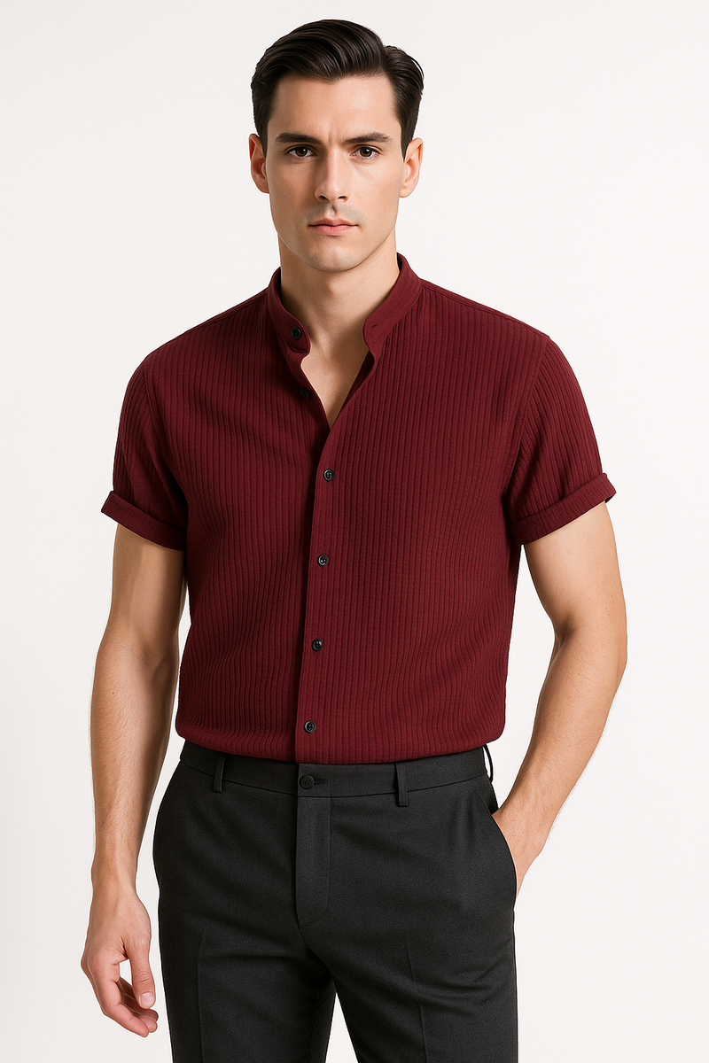 Herren Stehkragenhemd mit Rippstruktur Slim Fit – Delvoro