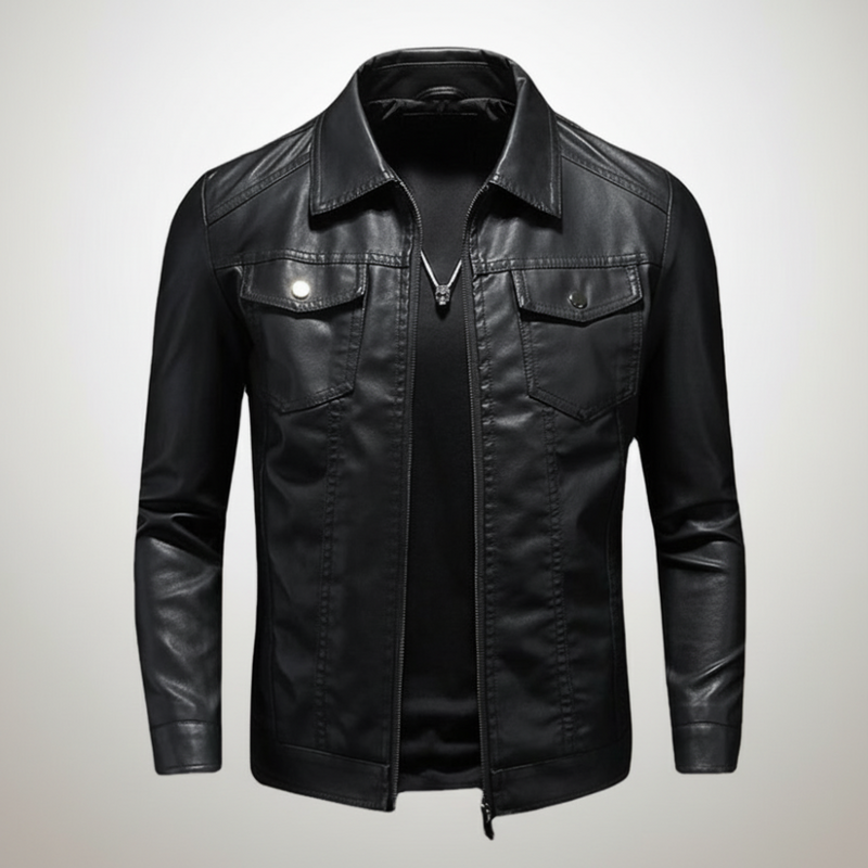 Men's Lapel Leather Biker Jacket 37377631X - Image 1